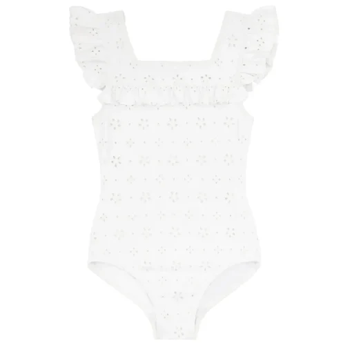 minnow Girls Square Neck Double Ruffle One Piece White Eyelet Clearance