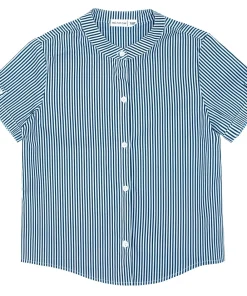 minnow Boys Short Sleeve Button Down Shirt Navy Stripe Clearance