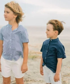 minnow Boys Short Sleeve Button Down Shirt Navy Stripe Clearance