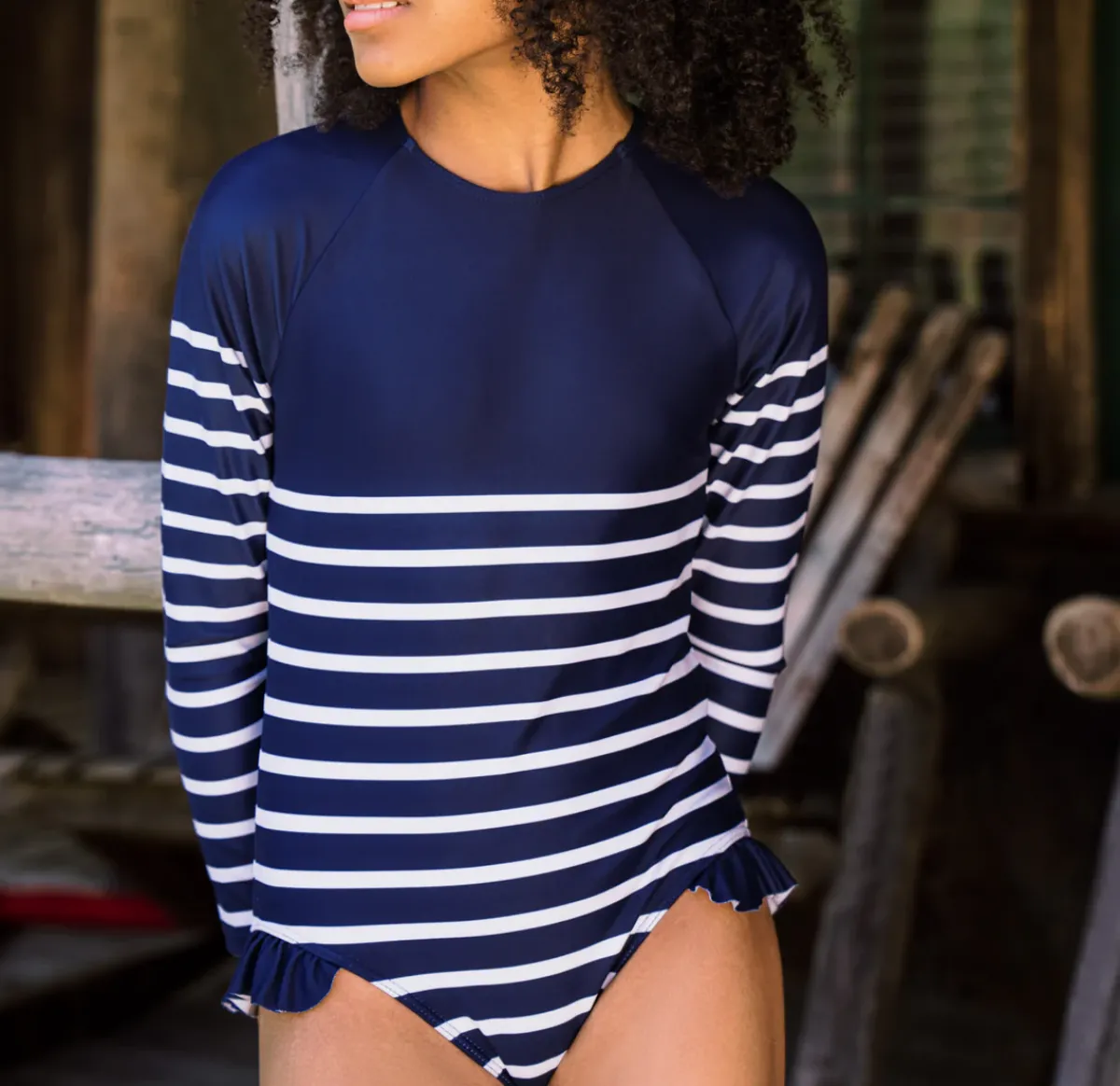 minnow Girls Rashguard One Piece | Swim Navy Breton Stripe Clearance