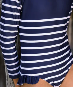 minnow Girls Rashguard One Piece | Swim Navy Breton Stripe Clearance