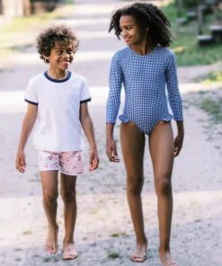 minnow Girls Rashguard One Piece | Swim Navy Gingham New