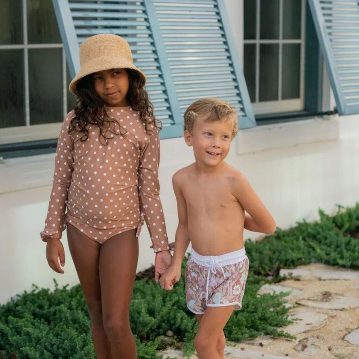 minnow Girls Rashguard Set Mocha Dot Fashion