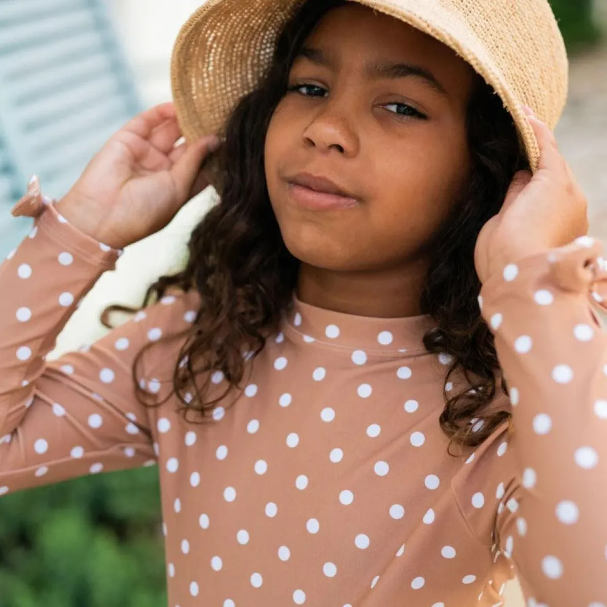 minnow Girls Rashguard Set Mocha Dot Fashion