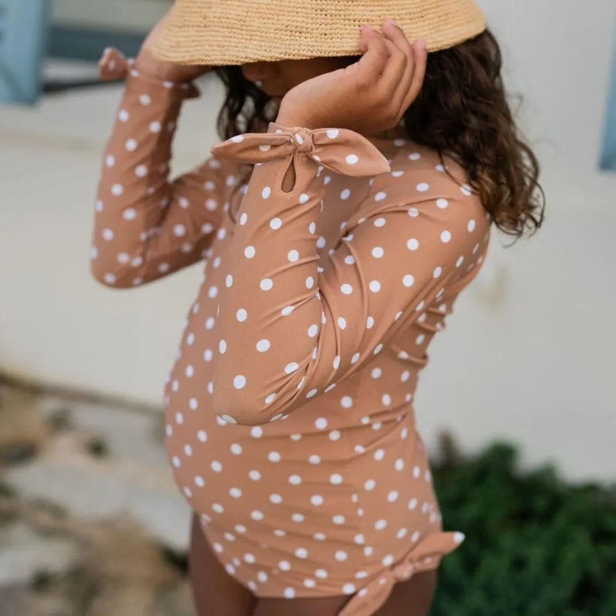 minnow Girls Rashguard Set Mocha Dot Fashion