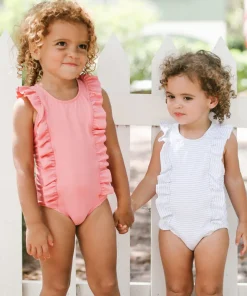 minnow Girls Ruffle One Piece Powder Blue Stripe Outlet