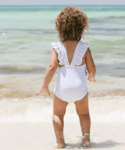 minnow Girls Ruffle One Piece Powder Blue Stripe Outlet