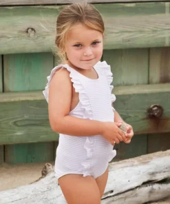 minnow Girls Ruffle One Piece Pink Stripe Discount