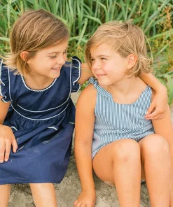 minnow Girls Ruffle Sleeve Dress Navy Hot