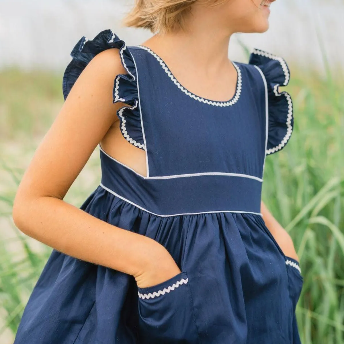 minnow Girls Ruffle Sleeve Dress Navy Hot