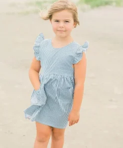 minnow Girls Ruffle Sleeve Dress Navy Stripe Online