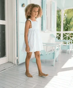 minnow Girls Smocked Bib Dress Bahamian Blue Stripe Discount