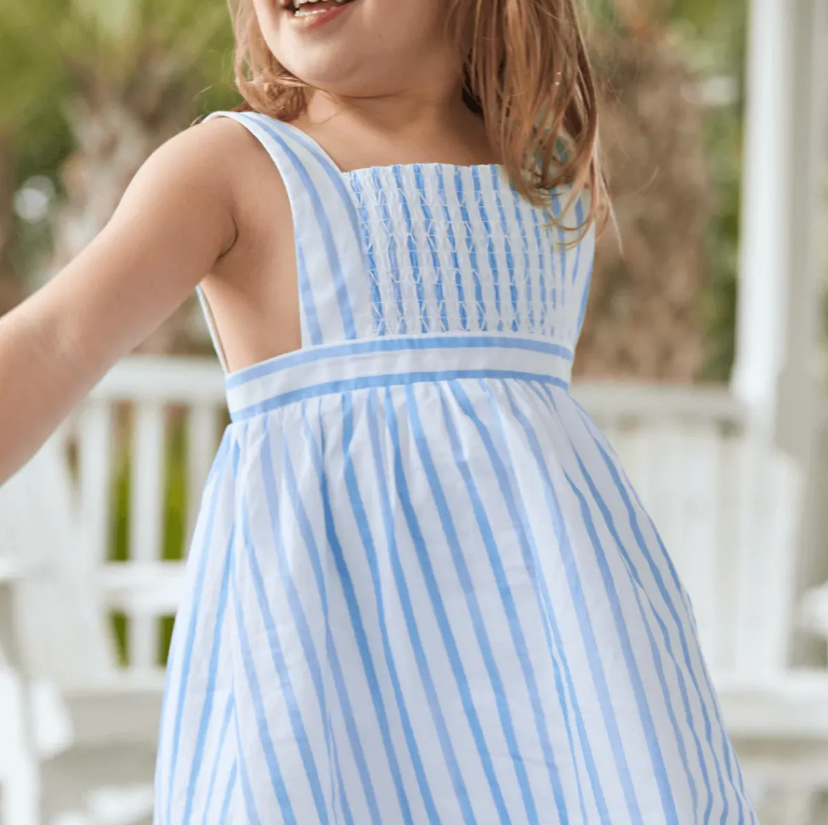 minnow Girls Smocked Bib Dress Bahamian Blue Stripe Discount