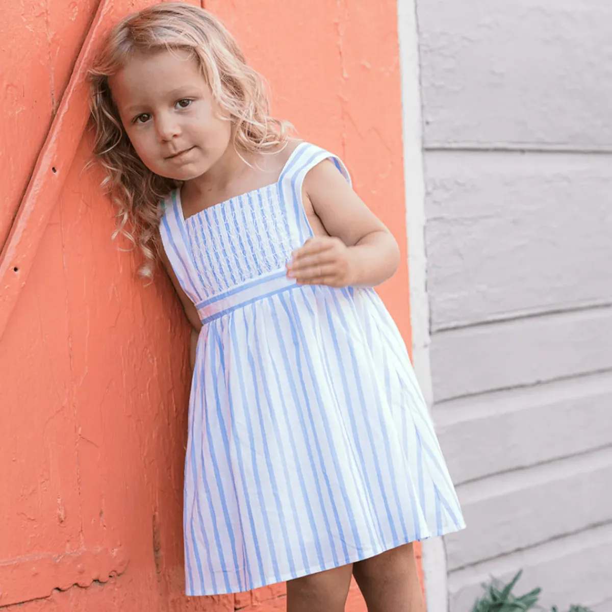 minnow Girls Smocked Bib Dress Bahamian Blue Stripe Discount