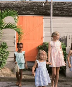 minnow Girls Smocked Bib Dress Bahamian Blue Stripe Discount