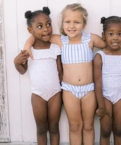 minnow Girls Square Neck Double Ruffle One Piece White Eyelet Clearance