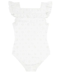 minnow Girls Square Neck Double Ruffle One Piece White Eyelet Clearance