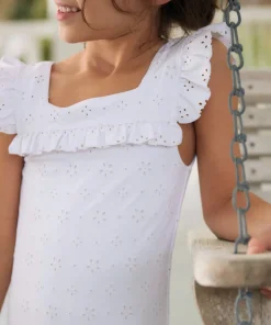 minnow Girls Square Neck Double Ruffle One Piece White Eyelet Hot