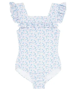 minnow Girls Square Neck Double Ruffle One Piece Briland Blue Botanic Fashion