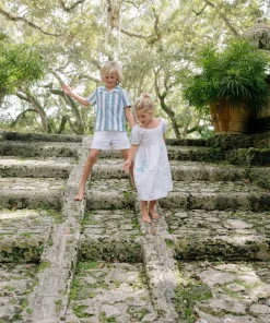 minnow X Fanm Mon Boy's Blue Cabana Linen Shirt Blue Cabana Stripe Outlet