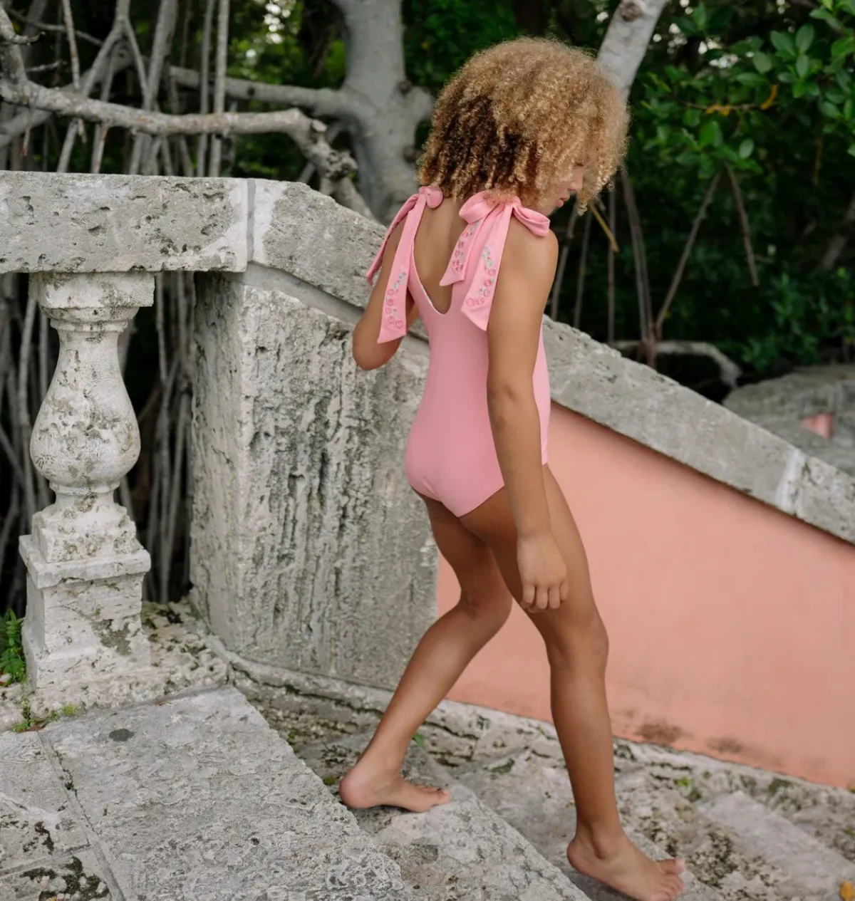 minnow X Fanm Mon Girl's Hibiscus Tie Knot One Piece Coconut Grove White New