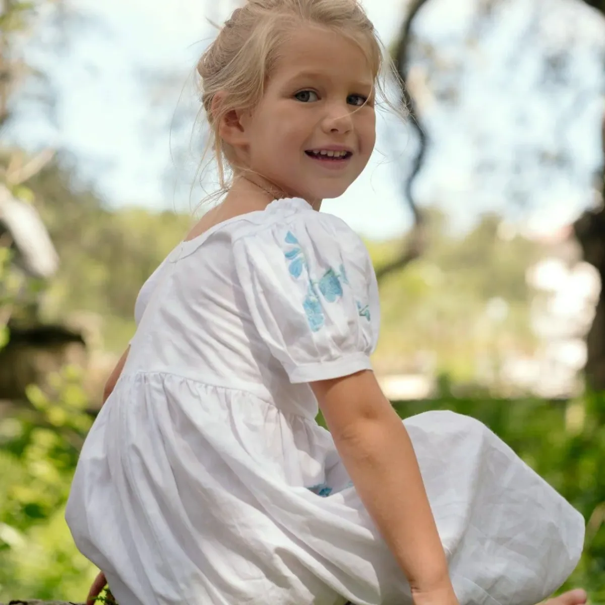 minnow X Fanm Mon Girl's Puff Sleeve Dress Coconut Grove White Best