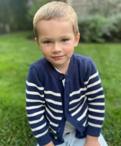 minnow Unisex Knit Cardigan Navy And Cream Stripe Outlet