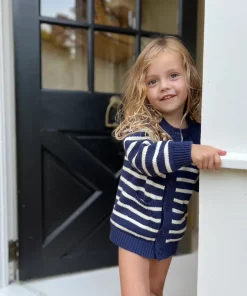 minnow Unisex Knit Cardigan Navy And Cream Stripe Outlet