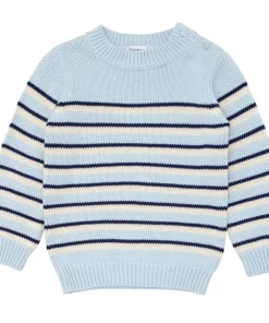 minnow Unisex Knit Sweater Light Blue Tricolor Stripe Clearance