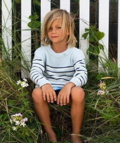 minnow Unisex Knit Sweater Light Blue Tricolor Stripe Best