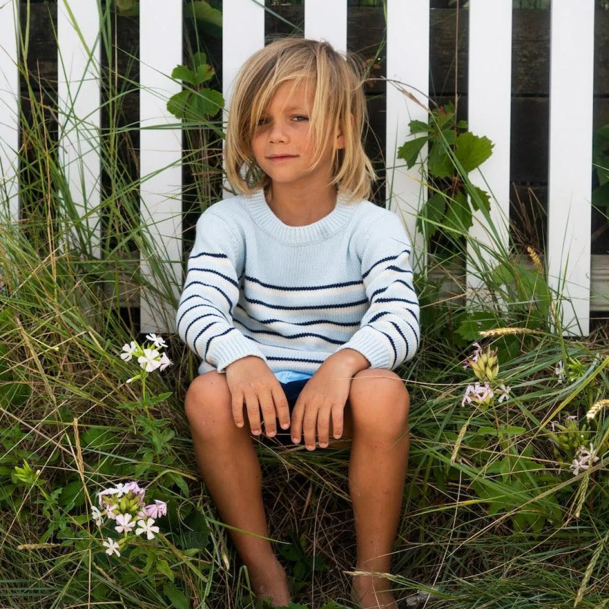 minnow Unisex Knit Sweater Light Blue Tricolor Stripe Best